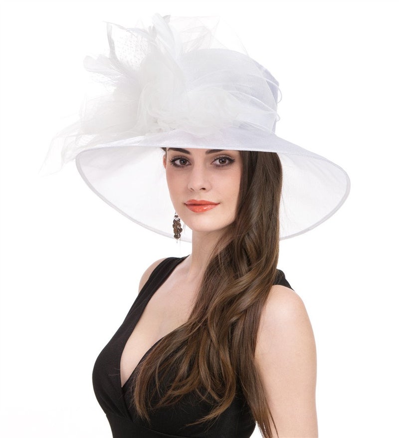 Saferin Women 's Wide Brim Tea Party Organza Church Kentucky Dress Tea Party Derby Hat White Feather Mesh Flower Free size - Image 3